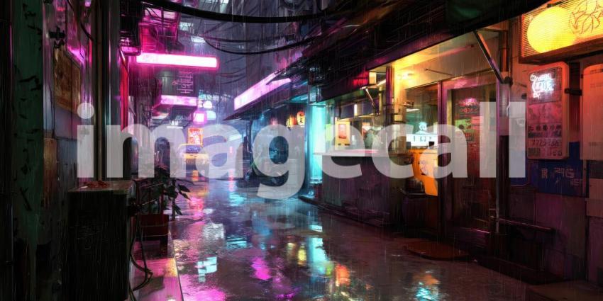 Neon-Drenched Cyberpunk Alley Glowing in the Rain
