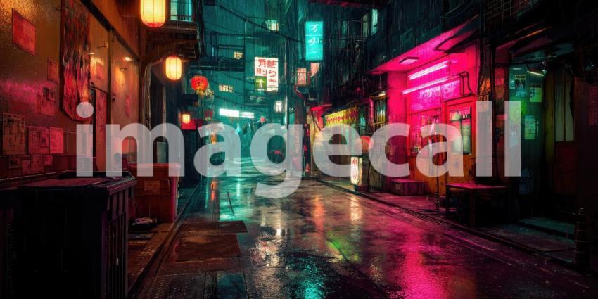 Neon-Drenched Cyberpunk Alley Glowing in the Rain