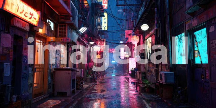 Neon-Drenched Cyberpunk Alley Glowing in the Rain
