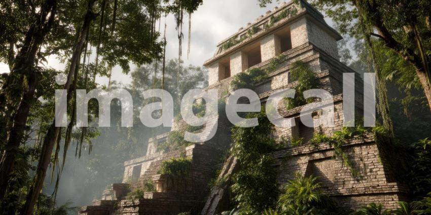Mystical Mayan Temple Ruins: Realistic Ancient Architecture Enshrouded in Jungle Vines and Ethereal Mist.