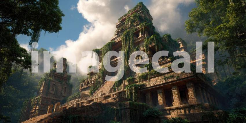 Mystical Mayan Temple Ruins: Realistic Ancient Architecture Enshrouded in Jungle Vines and Ethereal Mist.