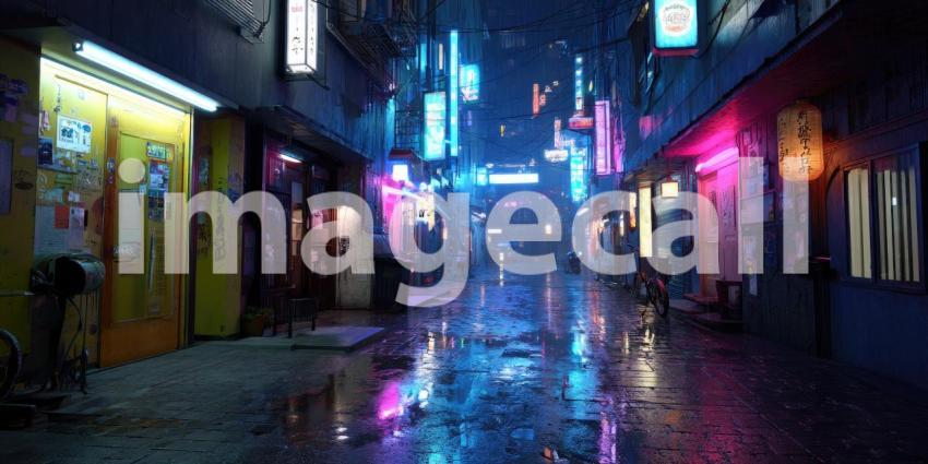 Neon-Drenched Cyberpunk Alley Glowing in the Rain