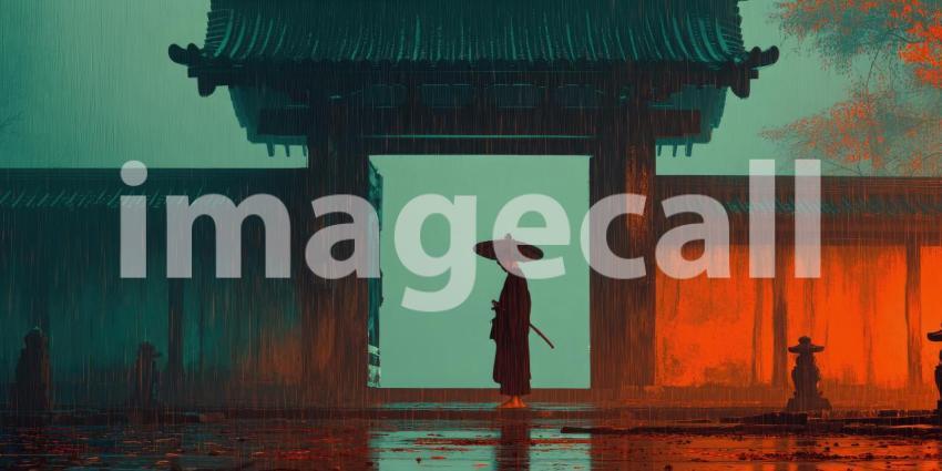 Silent Samurai Standing in the Rain by an Ancient Temple Gate