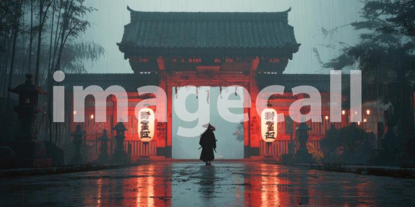 Silent Samurai Standing in the Rain by an Ancient Temple Gate