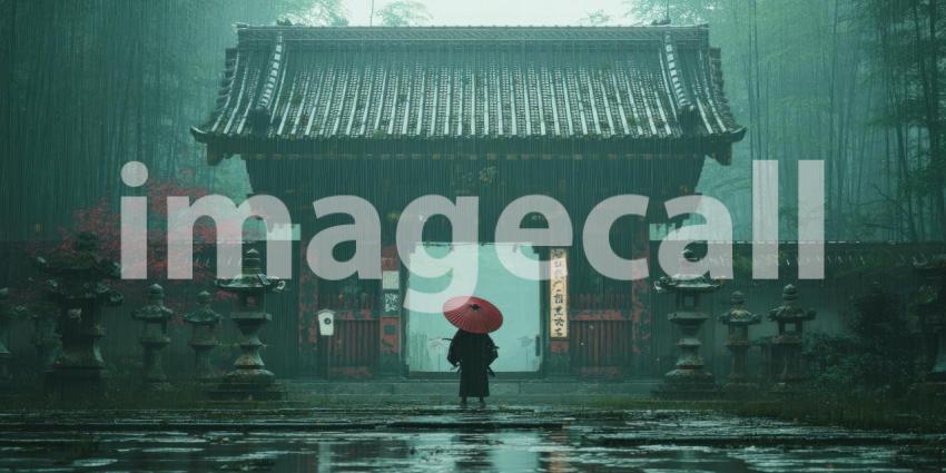 Silent Samurai Standing in the Rain by an Ancient Temple Gate