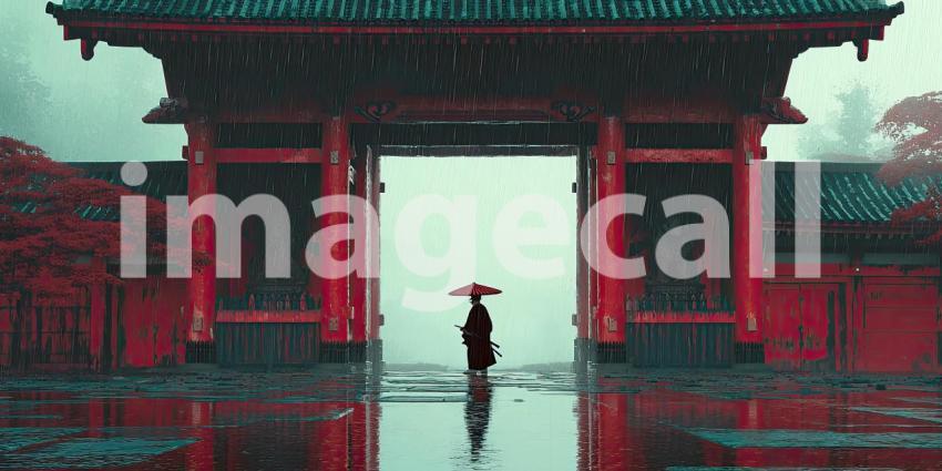 Silent Samurai Standing in the Rain by an Ancient Temple Gate