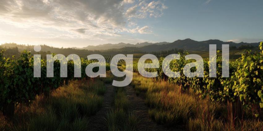 Sun-Kissed Vineyard Rows Glowing at Golden Hour