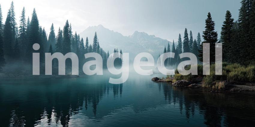 Misty Mountain Lake Cradled by Towering Pines in the Dawn Light