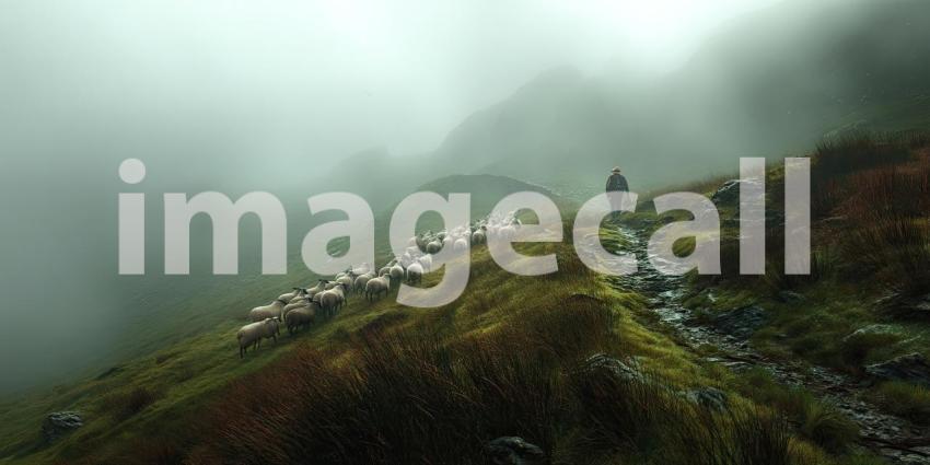 Shepherd Guiding His Flock Through Misty Hills at Dawn