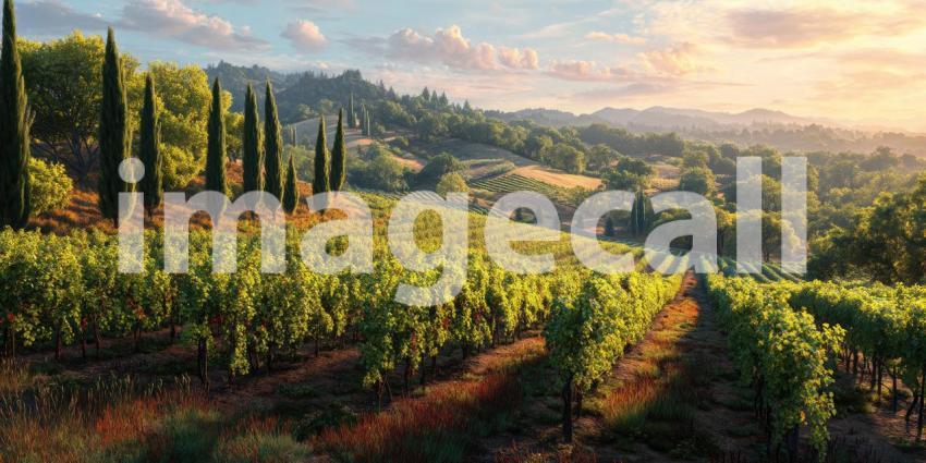 Sun-Kissed Vineyard Rows Glowing at Golden Hour