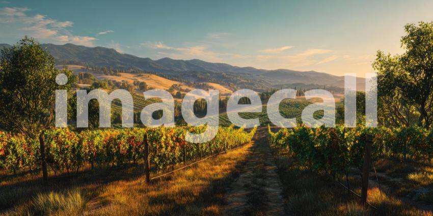 Sun-Kissed Vineyard Rows Glowing at Golden Hour