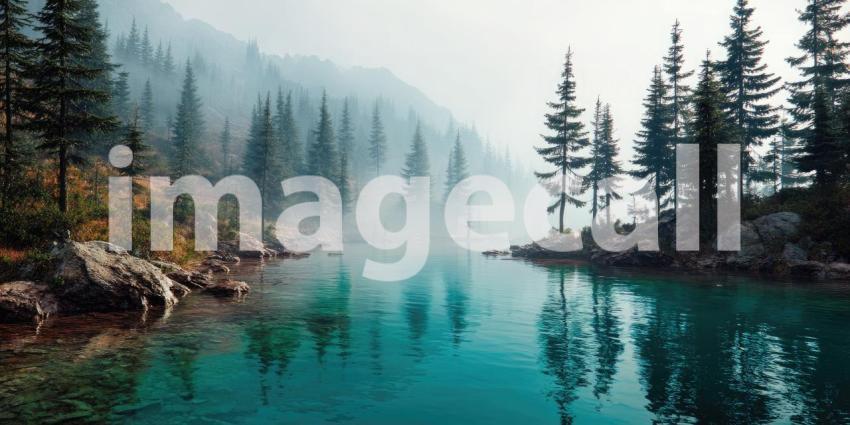 Misty Mountain Lake Cradled by Towering Pines in the Dawn Light