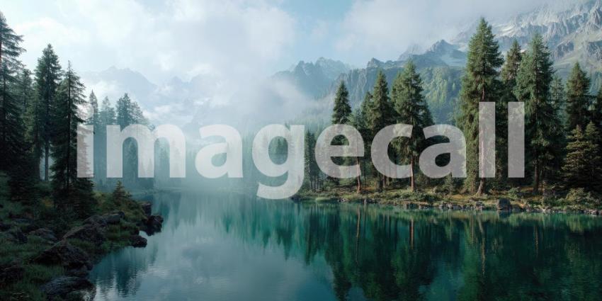 Misty Mountain Lake Cradled by Towering Pines in the Dawn Light