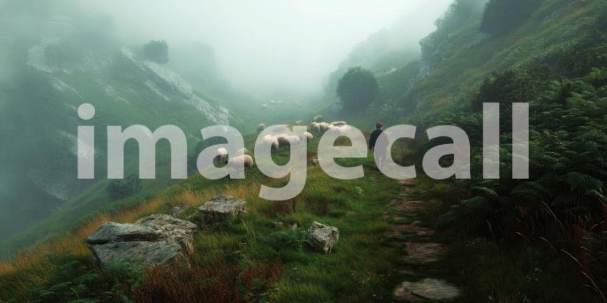 Shepherd Guiding His Flock Through Misty Hills at Dawn