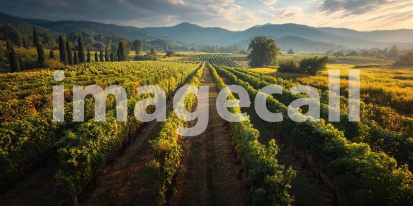 Sun-Kissed Vineyard Rows Glowing at Golden Hour