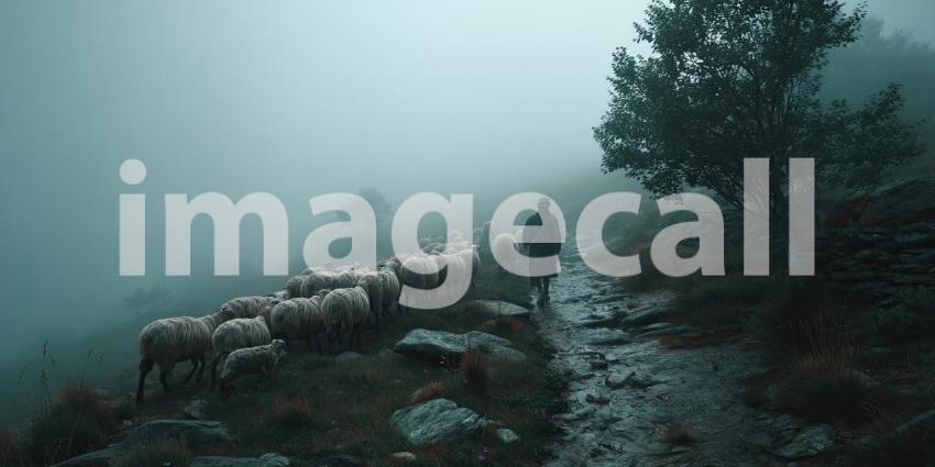 Shepherd Guiding His Flock Through Misty Hills at Dawn