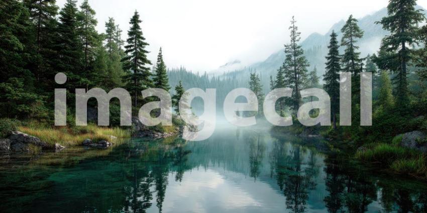Misty Mountain Lake Cradled by Towering Pines in the Dawn Light