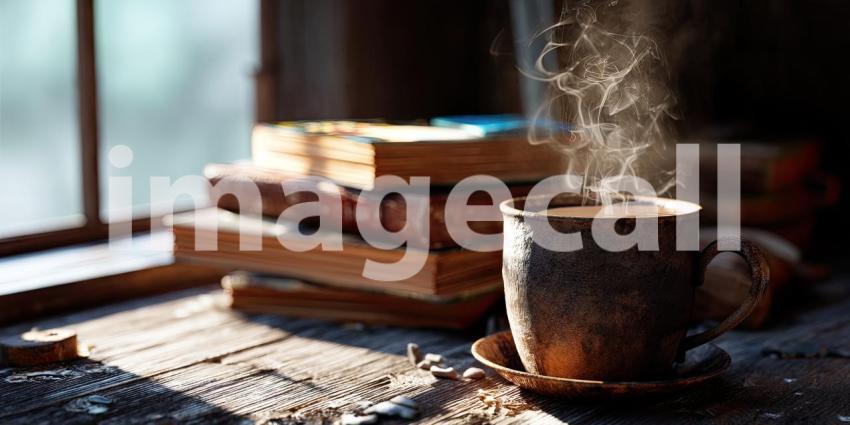 Cozy Morning Ritual: Steaming Coffee on a Rustic Wooden Table with Books
