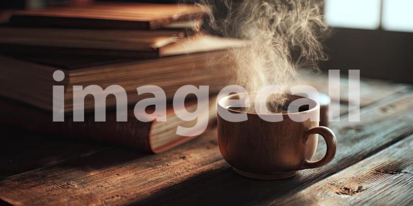 Cozy Morning Ritual: Steaming Coffee on a Rustic Wooden Table with Books
