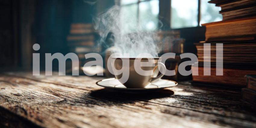 Cozy Morning Ritual: Steaming Coffee on a Rustic Wooden Table with Books