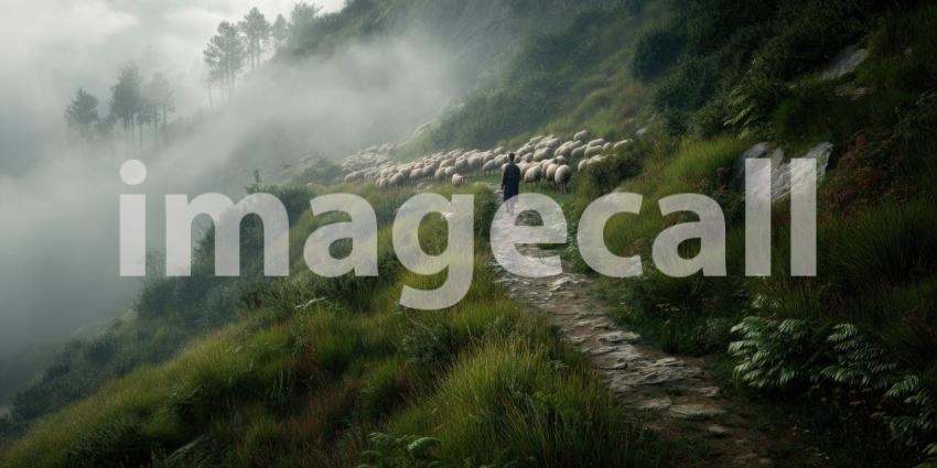 Shepherd Guiding His Flock Through Misty Hills at Dawn