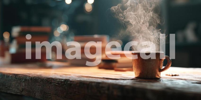 Cozy Morning Ritual: Steaming Coffee on a Rustic Wooden Table with Books