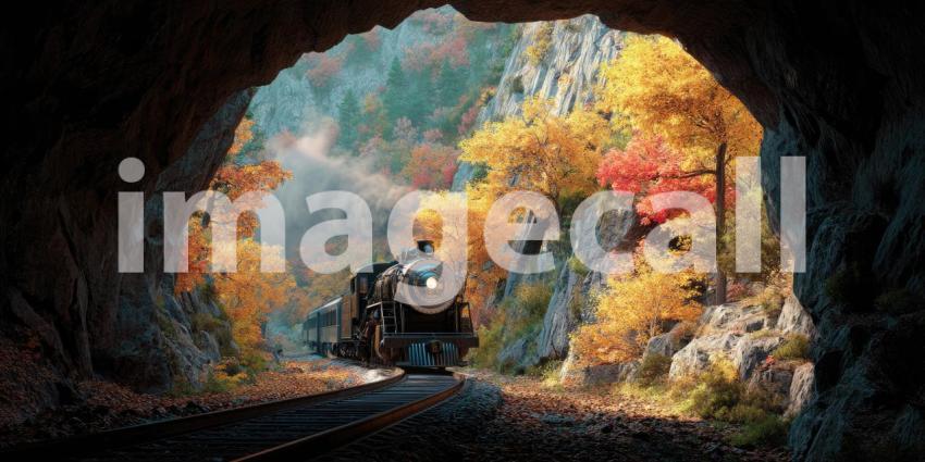 Vintage Steam Train Emerging from a Mountain Tunnel Amidst Autumn Foliage