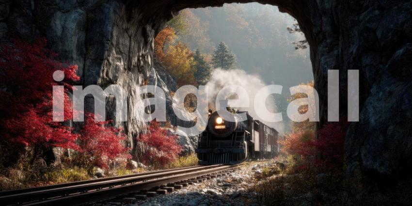 Vintage Steam Train Emerging from a Mountain Tunnel Amidst Autumn Foliage