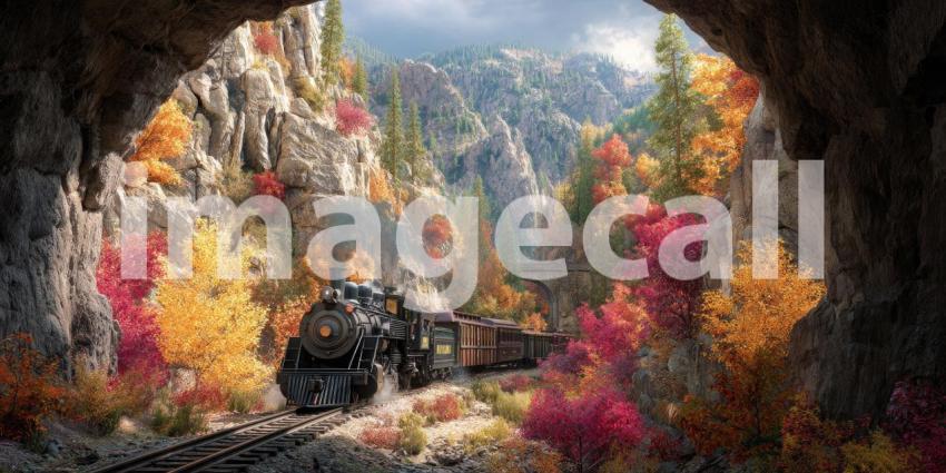 Vintage Steam Train Emerging from a Mountain Tunnel Amidst Autumn Foliage