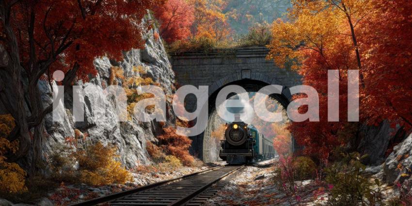 Vintage Steam Train Emerging from a Mountain Tunnel Amidst Autumn Foliage