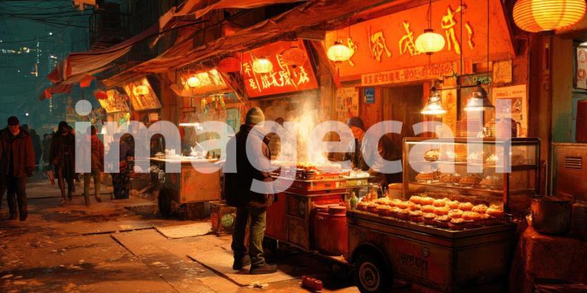 Sizzling Delights: Street Vendor Serving Hot Food in a Neon-Lit Urban Alley at Dusk