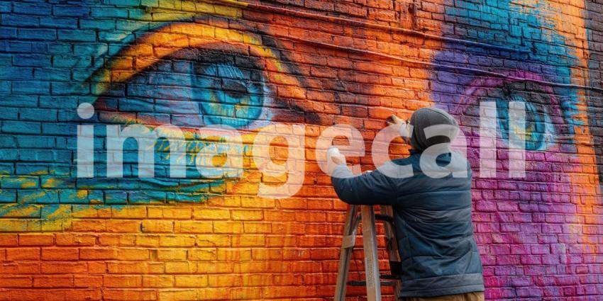 Vibrant Vision: Street Artist Crafting a Mural on Urban Brick Canvas