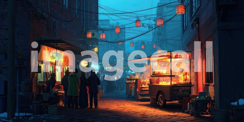 Sizzling Delights: Street Vendor Serving Hot Food in a Neon-Lit Urban Alley at Dusk
