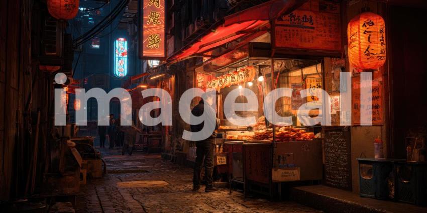 Sizzling Delights: Street Vendor Serving Hot Food in a Neon-Lit Urban Alley at Dusk