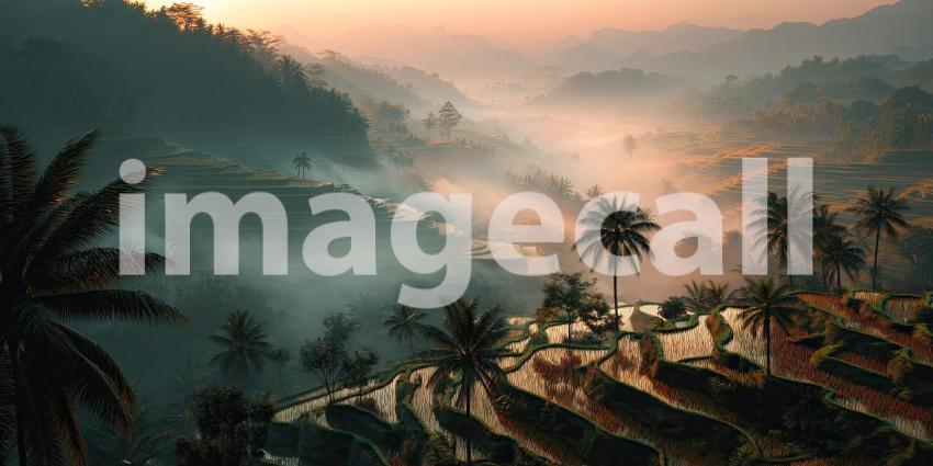 A breathtaking sunrise over Bali's lush rice terraces, with morning fog gently rolling through the layered fields.