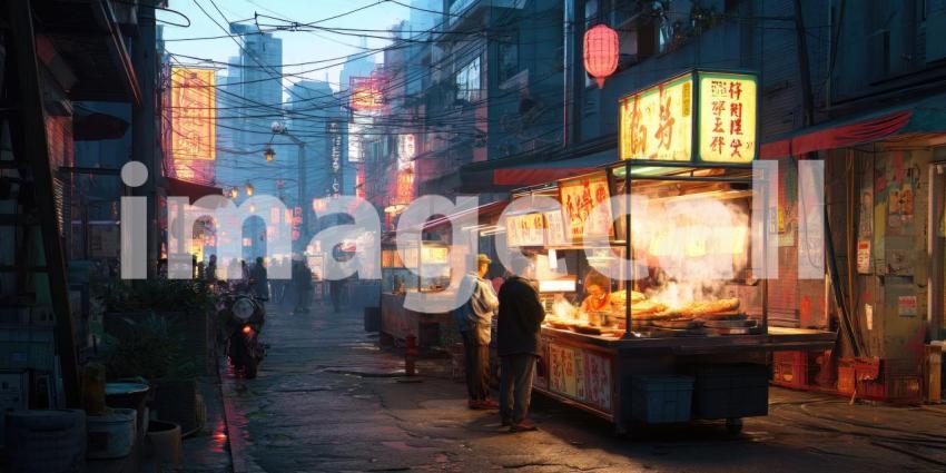 Sizzling Delights: Street Vendor Serving Hot Food in a Neon-Lit Urban Alley at Dusk