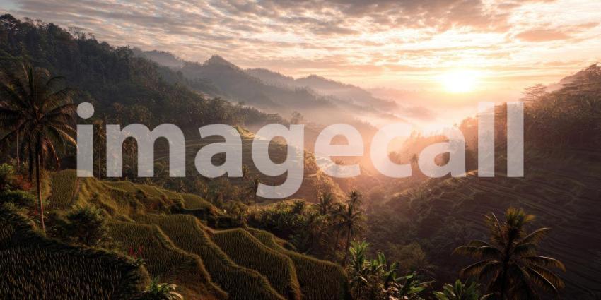 A breathtaking sunrise over Bali's lush rice terraces, with morning fog gently rolling through the layered fields.