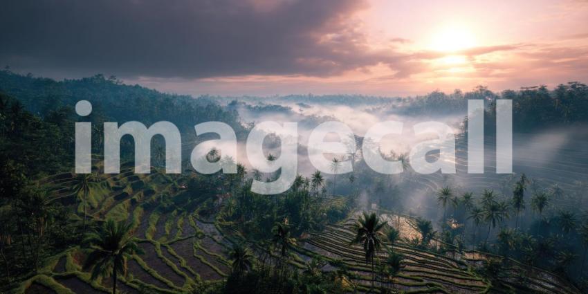 A breathtaking sunrise over Bali's lush rice terraces, with morning fog gently rolling through the layered fields.