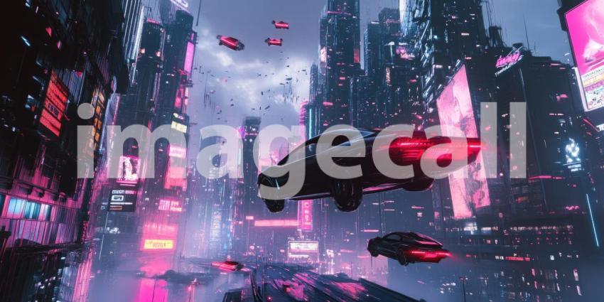 Cyber City Skyline with Flying Cars - Futuristic Sci-Fi Urban Landscape Background Design