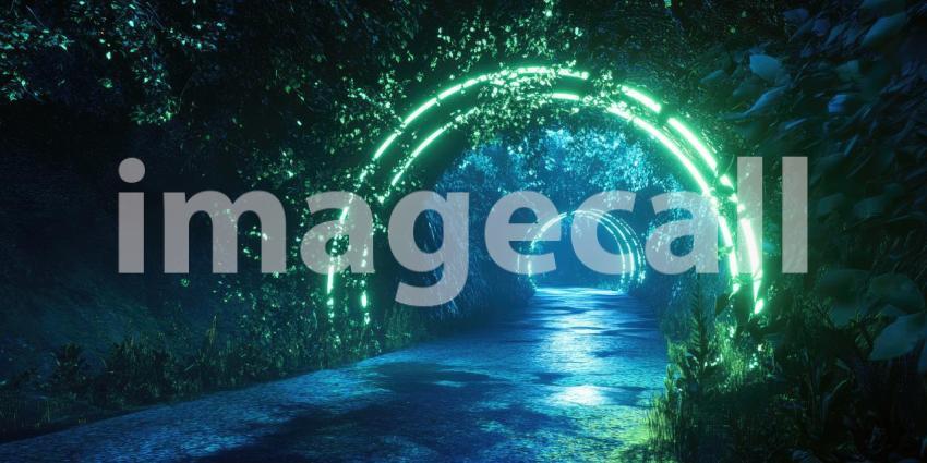 Cyber Glow Tunnel with Deep Blue and Neon Green Lighting - Futuristic Sci-Fi Background Design