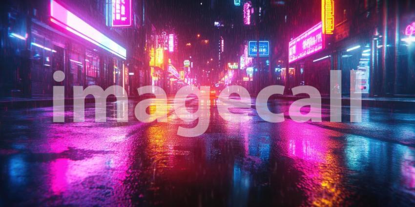 Cyber Neon Reflections on Wet Asphalt - Futuristic Urban Night Glow Background Design