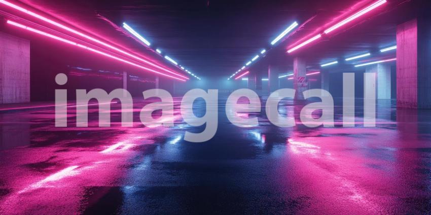 Cyber Neon Reflections on Wet Asphalt - Futuristic Urban Night Glow Background Design