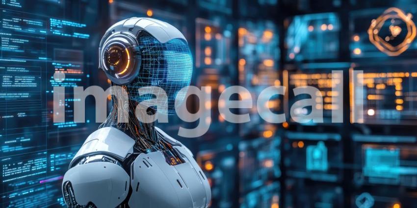 Cybernetic AI Interface with Holographic Data Displays - Futuristic Digital Tech Background Design