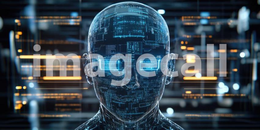 Cybernetic AI Interface with Holographic Data Displays - Futuristic Digital Tech Background Design