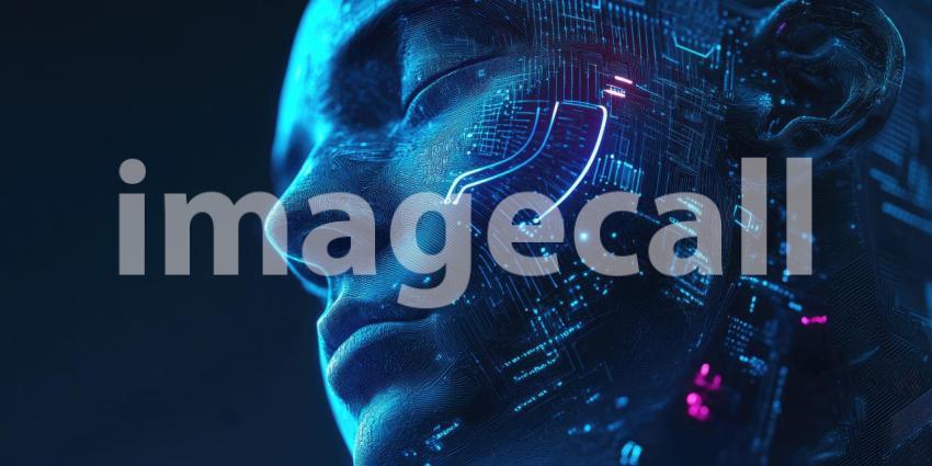 Cybernetic AI Interface with Holographic Data Displays - Futuristic Digital Tech Background Design