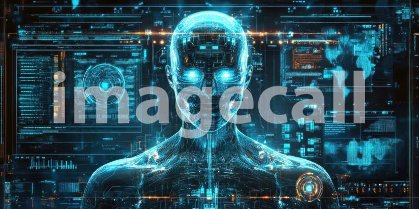 Cybernetic AI Interface with Holographic Data Displays - Futuristic Digital Tech Background Design