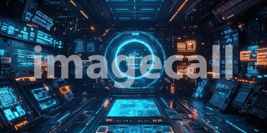 Cybernetic Sci-Fi Digital Interface with Neon Blue Accents - Futuristic Tech and Virtual Display Background Design