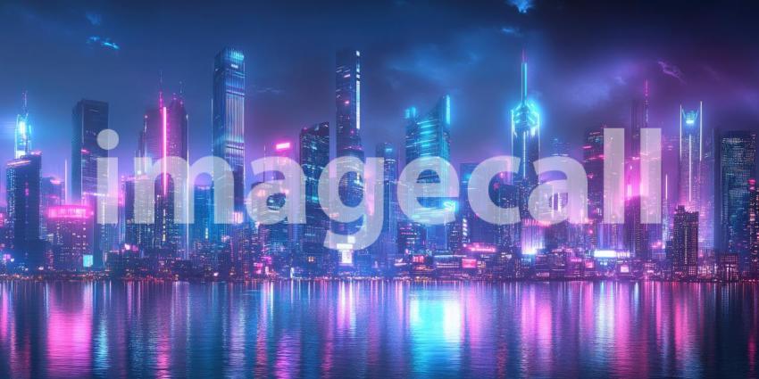 Cyberpunk City at Night with Neon Lights - Futuristic Urban Glow Background Design