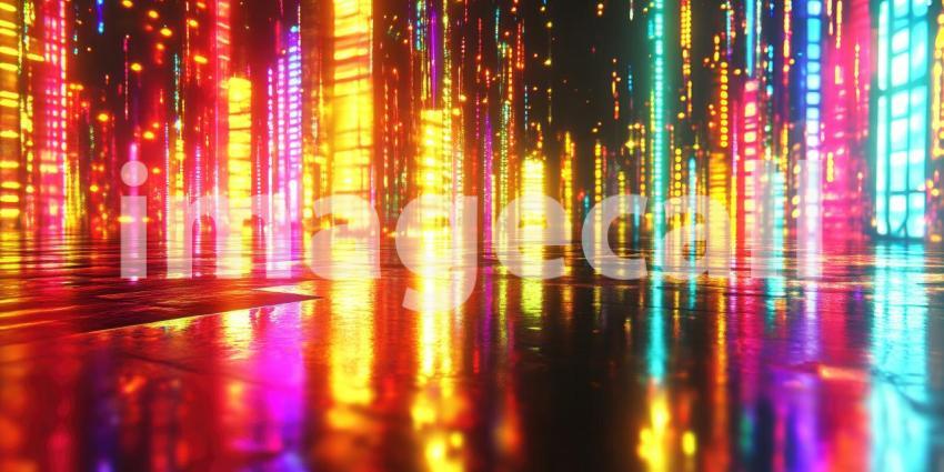 Cyberpunk City with Neon Lights and Reflections - Futuristic Urban Nightscape Background Design