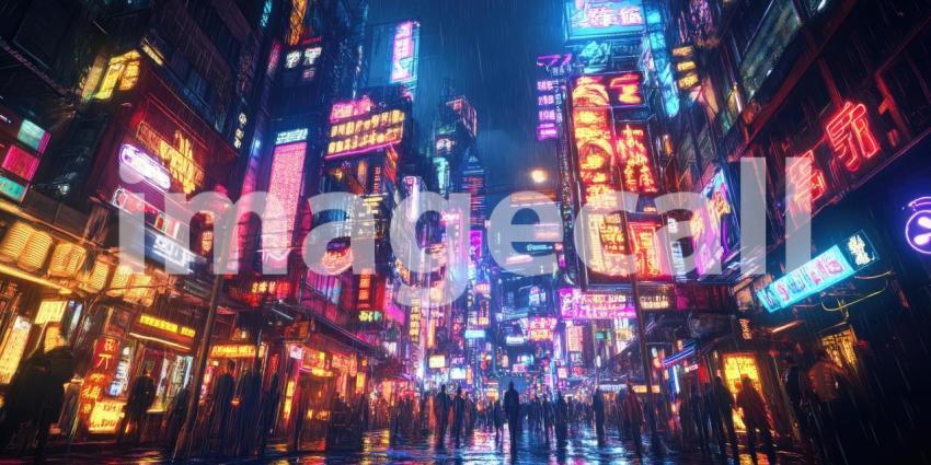 Cyberpunk City at Night with Neon Lights - Futuristic Urban Glow Background Design